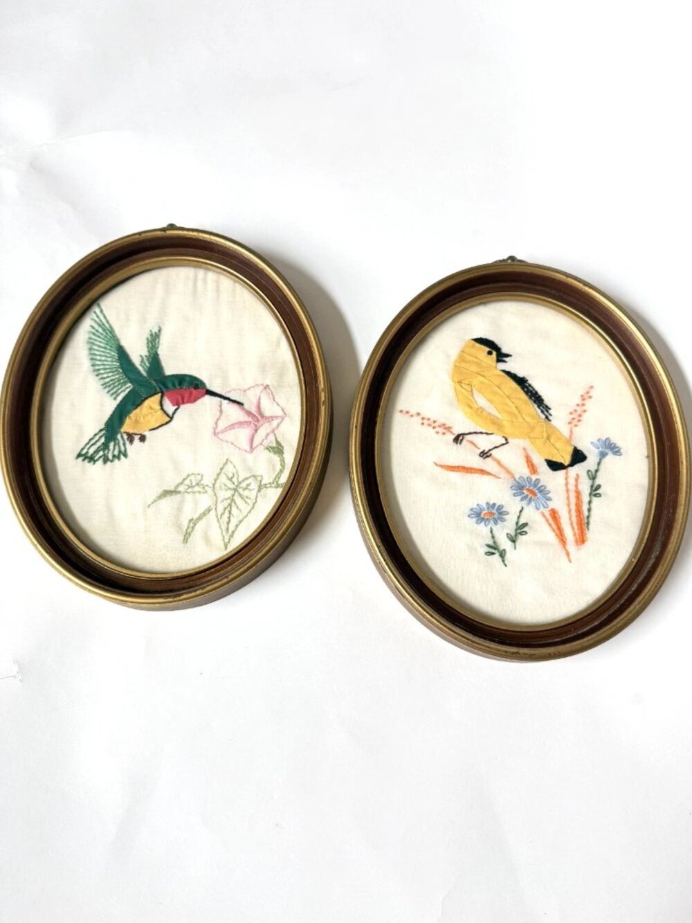 Vintage Embroider Applique Needlepoint Bird Art Wall Decor Hummingbird Goldfinch